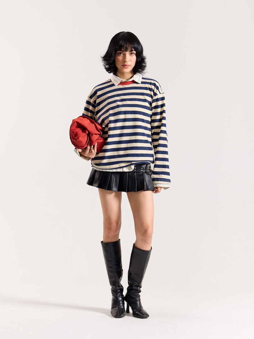 Navy & Cream Thick Striped Loose Fit Cropped T-Shirt