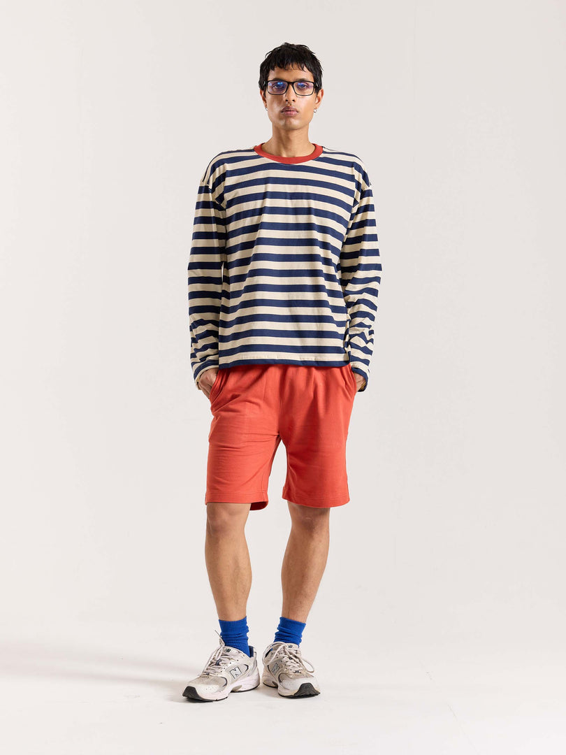 Navy & Cream Thick Striped Loose Fit Cropped T-Shirt