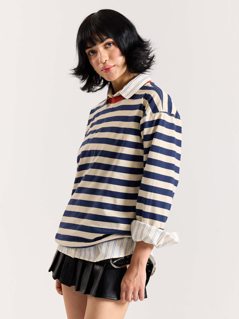 Navy & Cream Thick Striped Loose Fit Cropped T-Shirt