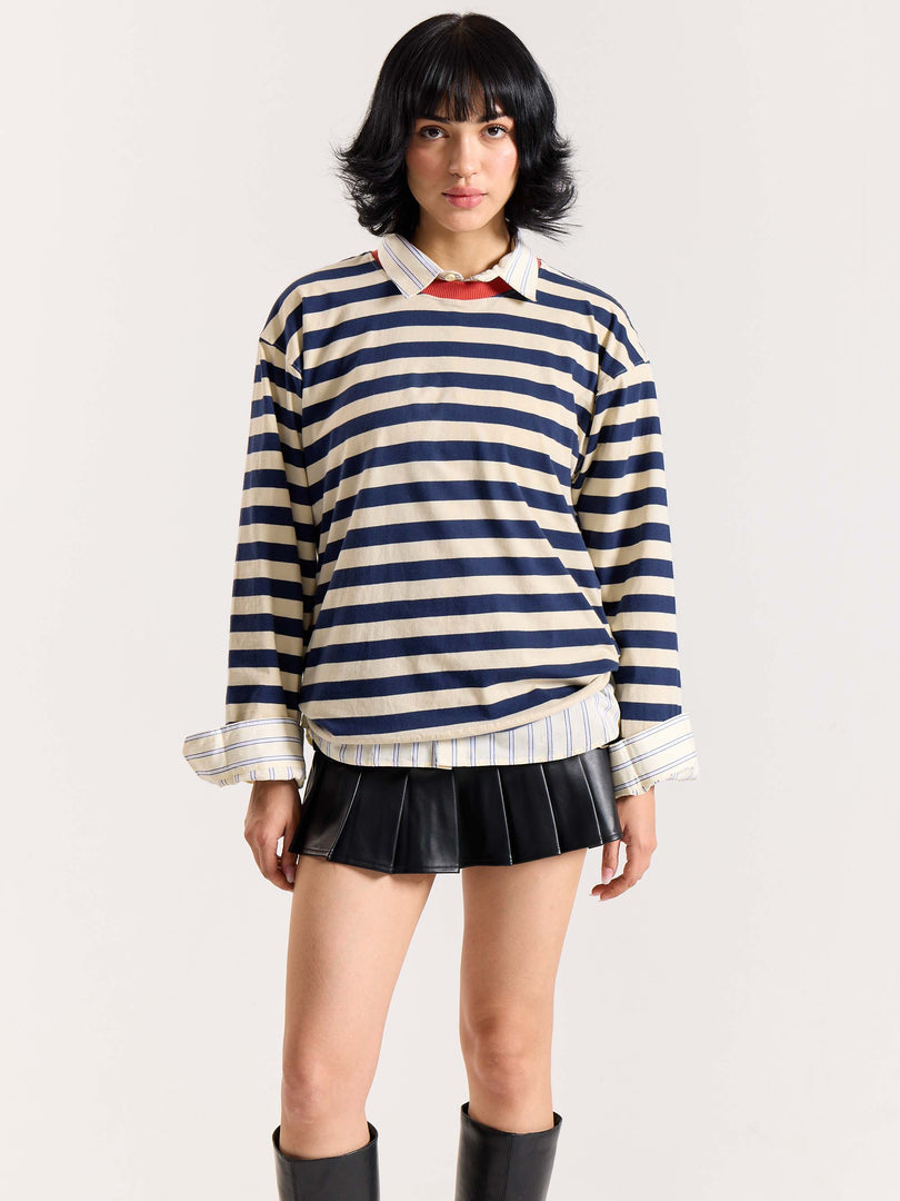 Navy & Cream Thick Striped Loose Fit Cropped T-Shirt