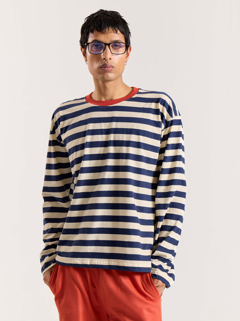 Navy & Cream Thick Striped Loose Fit Cropped T-Shirt