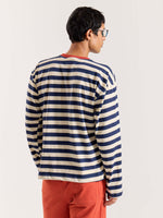 Load image into Gallery viewer, Navy &amp; Cream Thick Striped Loose Fit Cropped T-Shirt