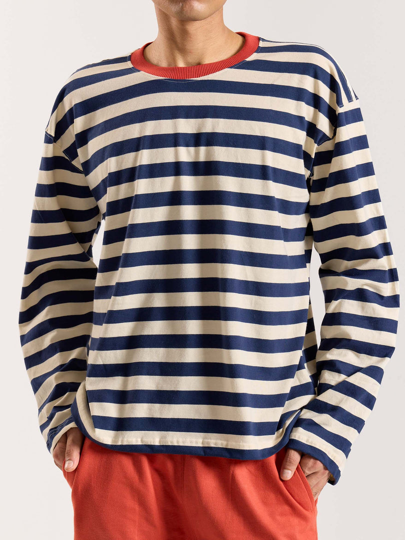 Navy & Cream Thick Striped Loose Fit Cropped T-Shirt