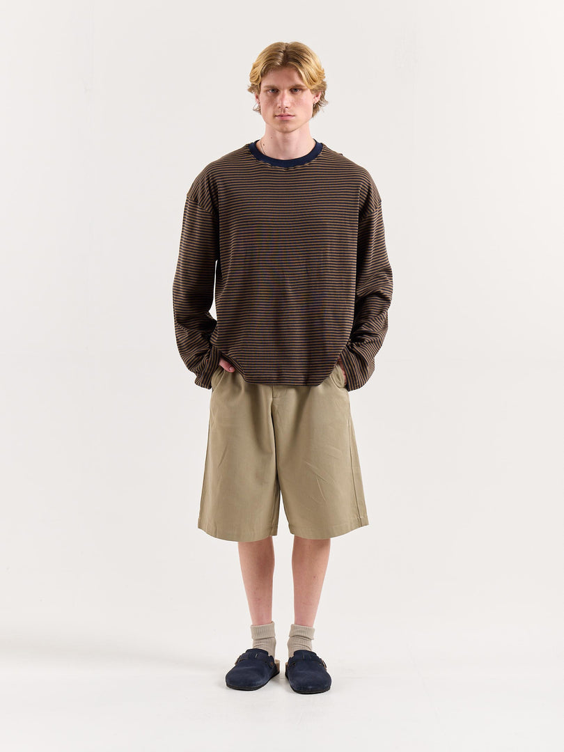 Navy & Dark Beige Knit Striped Loose Fit Cropped T-Shirt