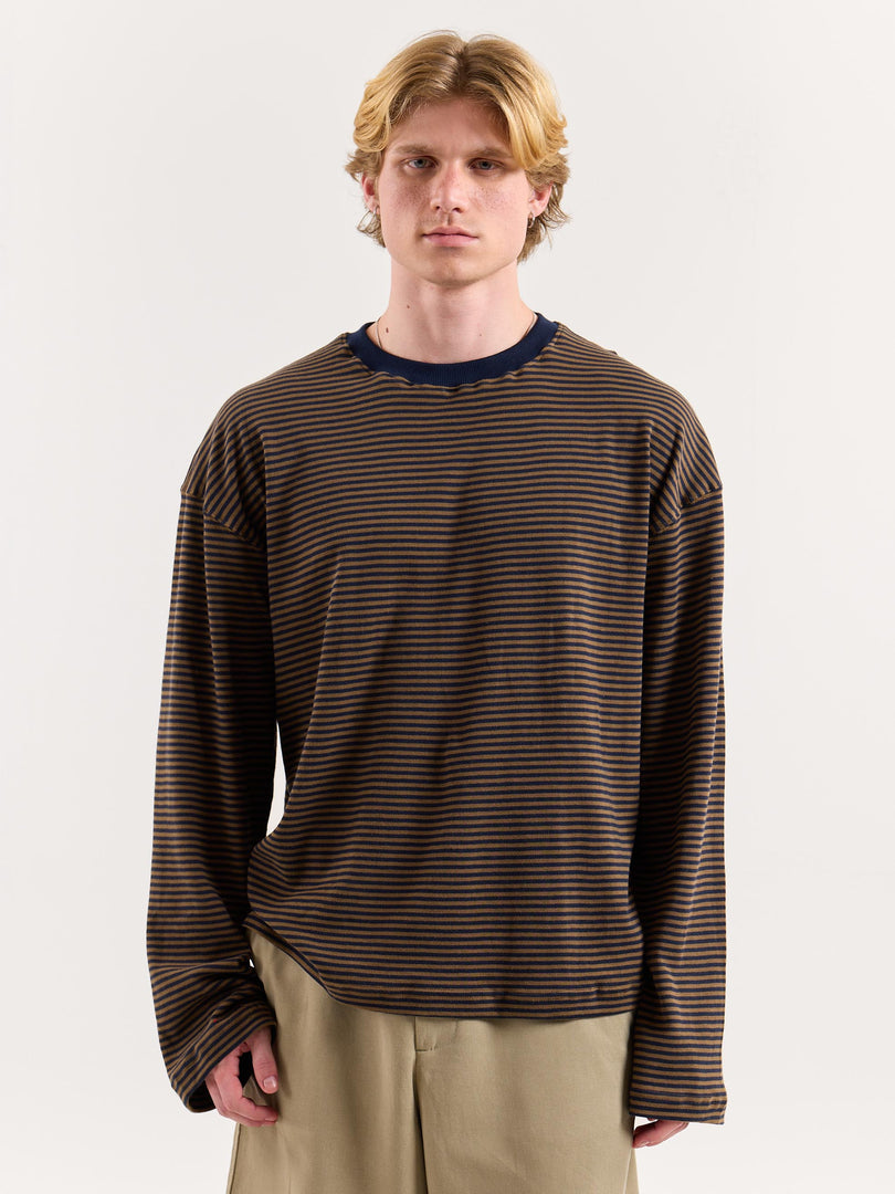 Navy & Dark Beige Knit Striped Loose Fit Cropped T-Shirt