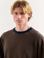 Load image into Gallery viewer, Navy &amp; Dark Beige Knit Striped Loose Fit Cropped T-Shirt