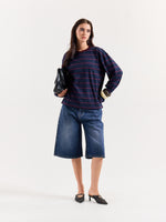 Load image into Gallery viewer, Navy &amp; Plum Striped Loose Fit Cropped T-Shirt