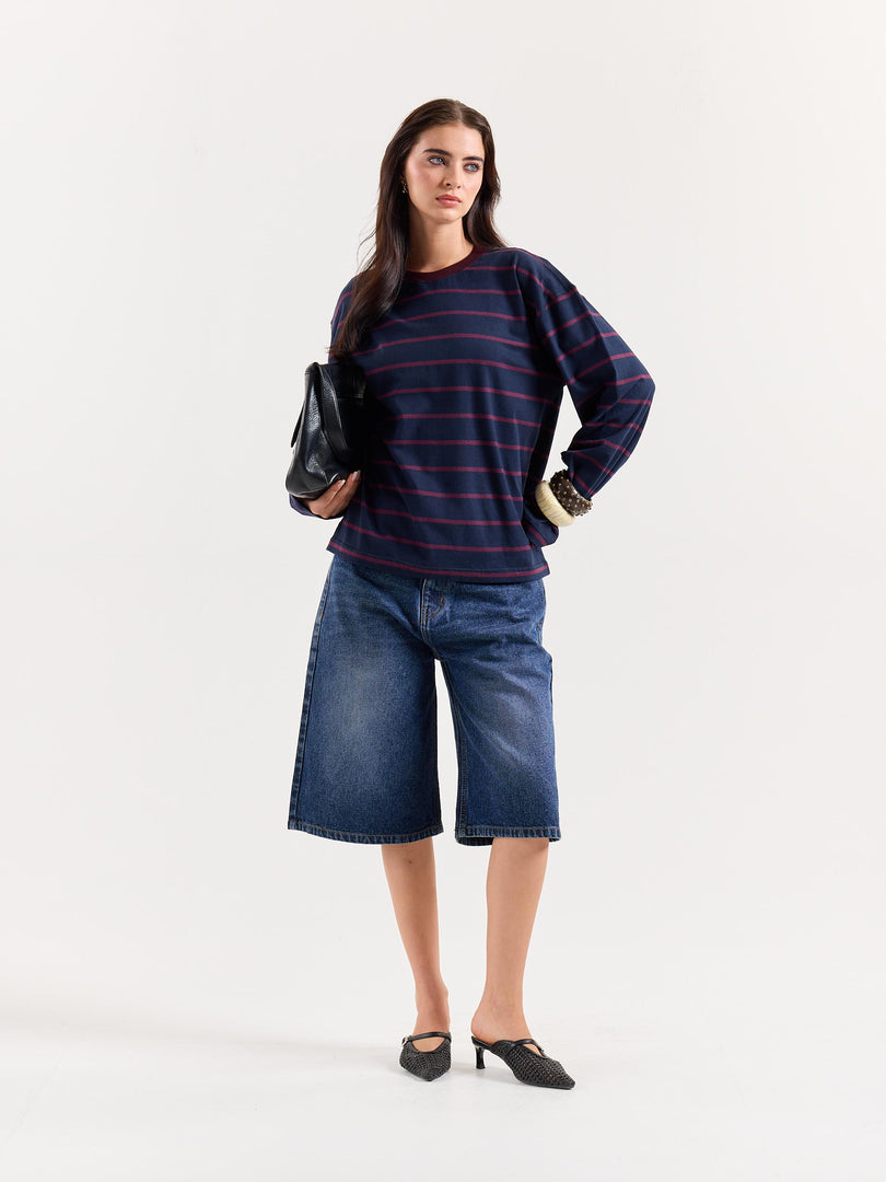 Navy & Plum Striped Loose Fit Cropped T-Shirt
