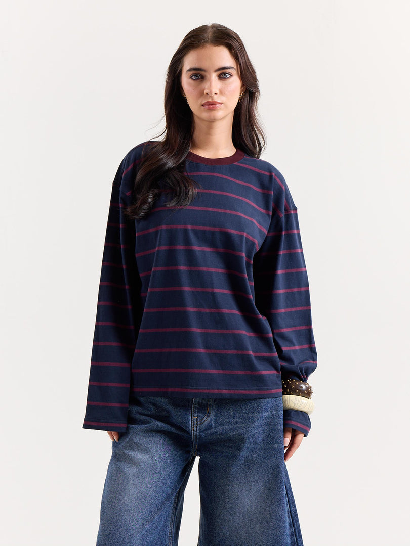 Navy & Plum Striped Loose Fit Cropped T-Shirt