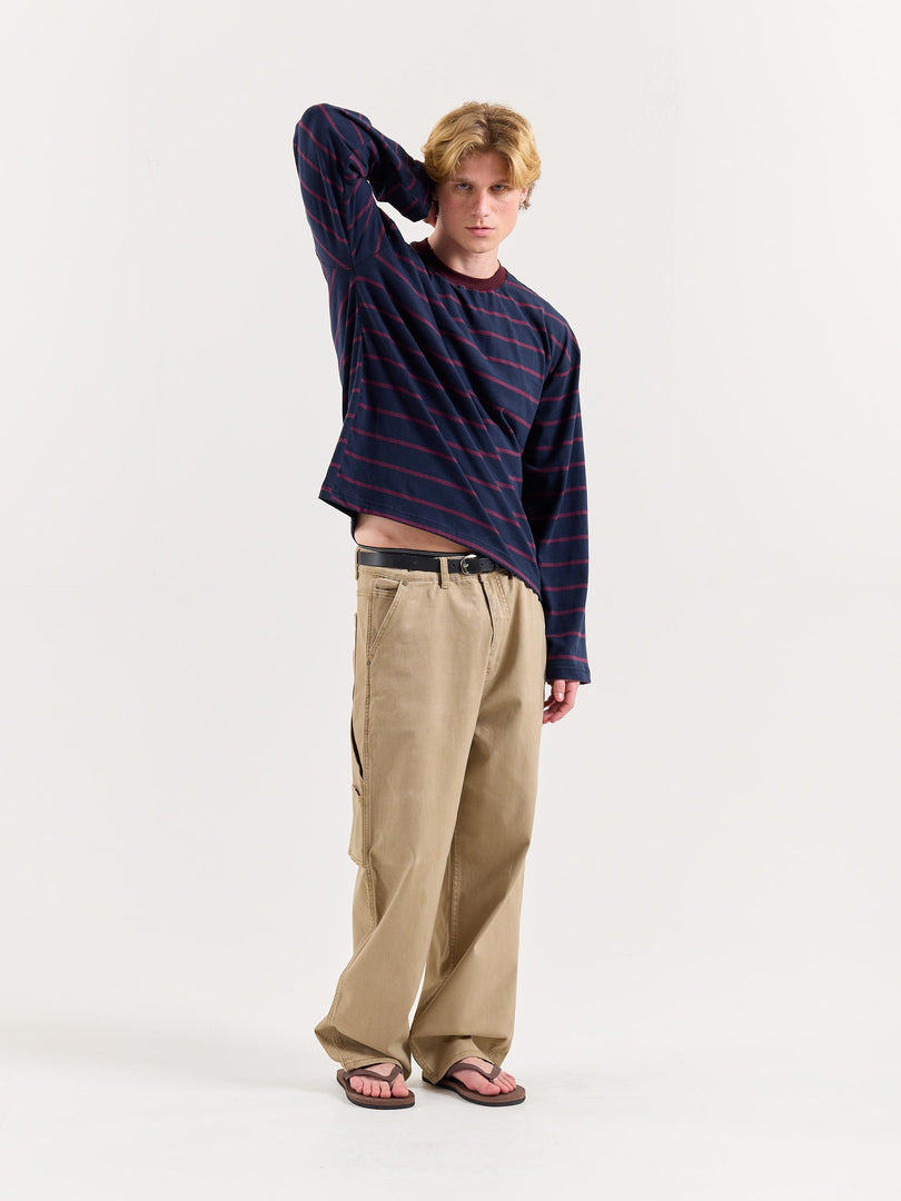 Navy & Plum Striped Loose Fit Cropped T-Shirt