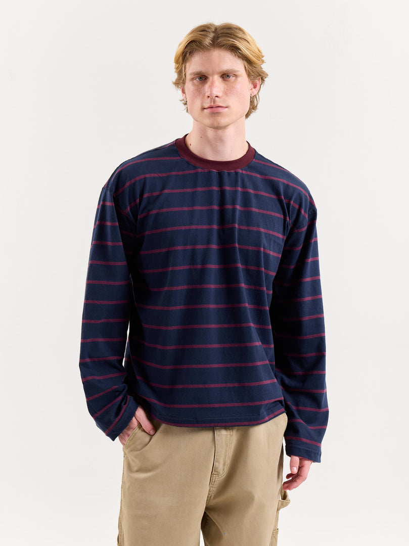 Navy & Plum Striped Loose Fit Cropped T-Shirt