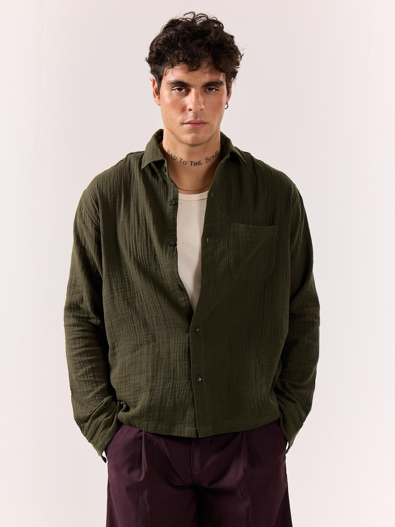Dark Olive Gauze Holiday Shirt