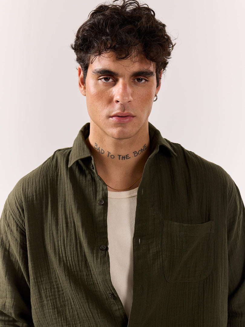Dark Olive Gauze Holiday Shirt