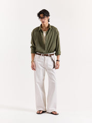Olive Green Linen Cropped Shirt