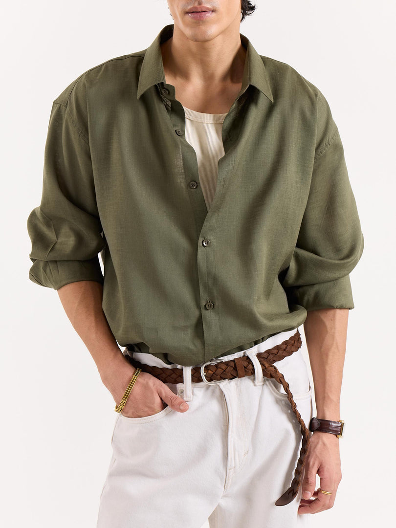 Olive Green Linen Cropped Shirt