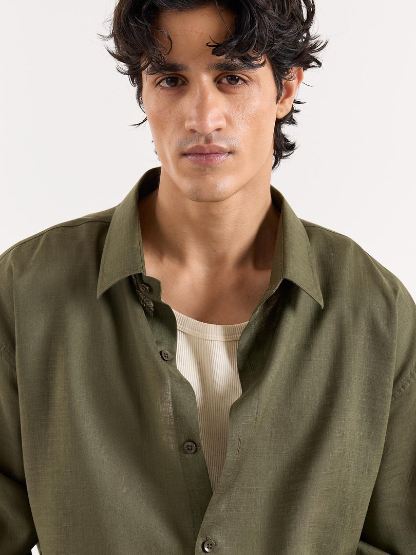 Olive Green Linen Cropped Shirt