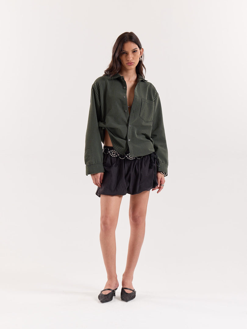 Olive & Black Striped Seersucker Cropped Shirt
