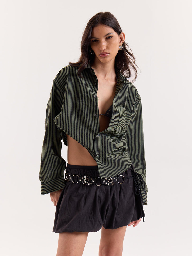 Olive & Black Striped Seersucker Cropped Shirt