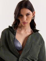 Load image into Gallery viewer, Olive &amp; Black Striped Seersucker Cropped Shirt
