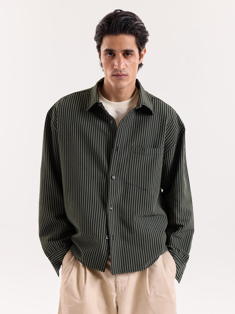 Olive & Black Striped Seersucker Cropped Shirt