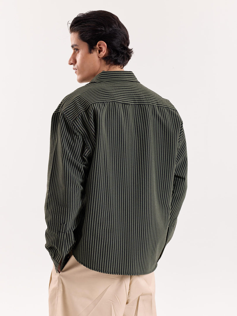 Olive & Black Striped Seersucker Cropped Shirt