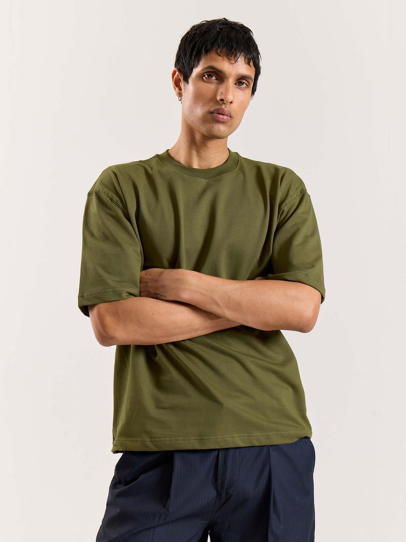 Olive Green Loose Fit Cropped T-Shirt