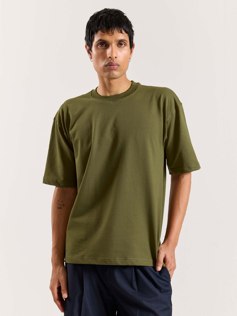 Olive Green Loose Fit Cropped T-Shirt