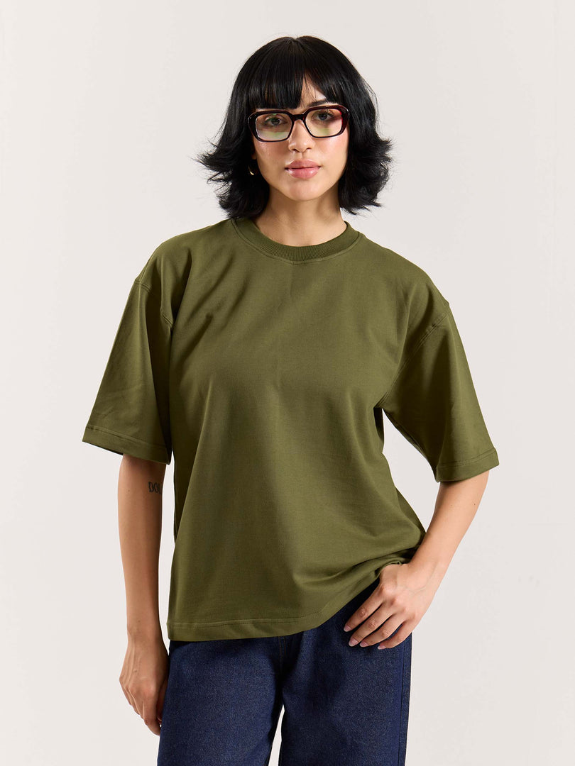 Olive Green Loose Fit Cropped T-Shirt