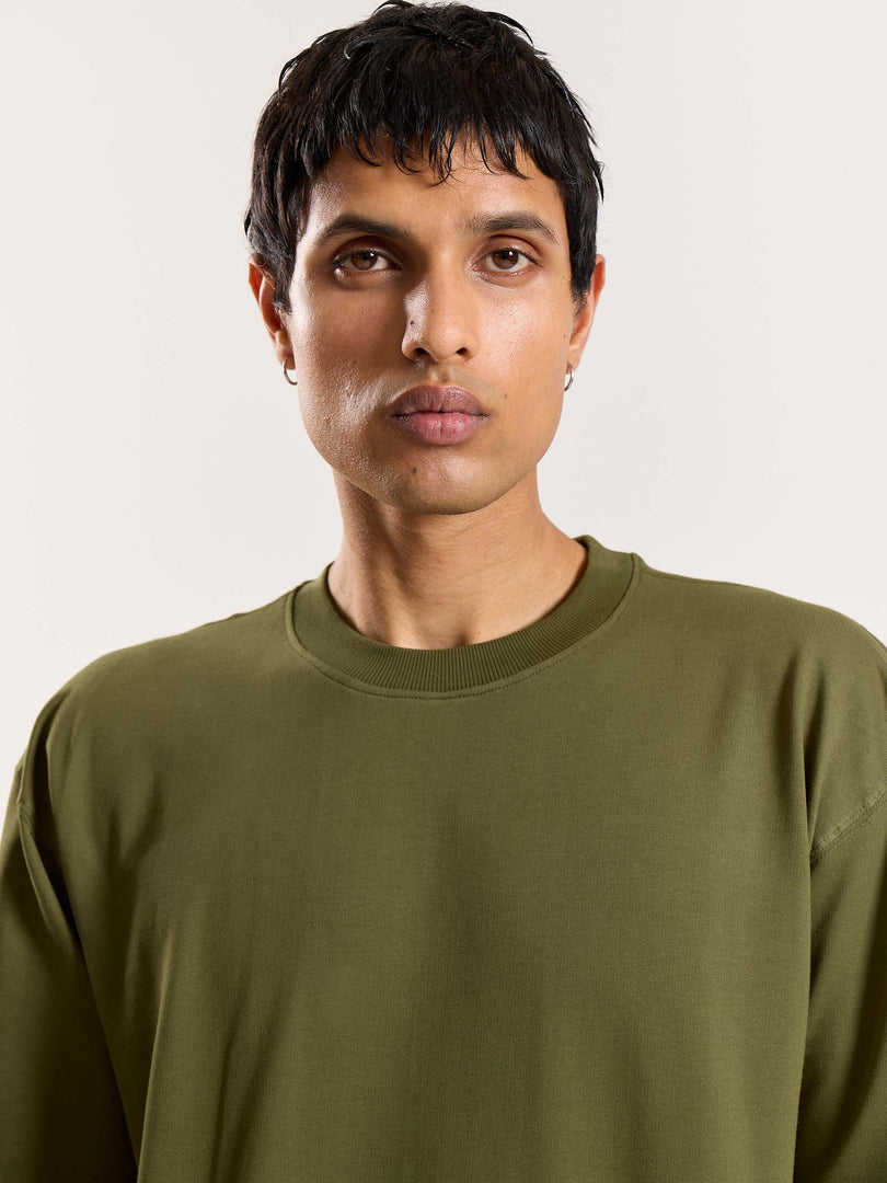 Olive Green Loose Fit Cropped T-Shirt