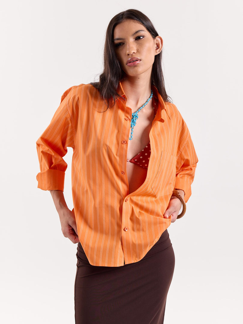 Orange Striped Poplin Cropped Shirt