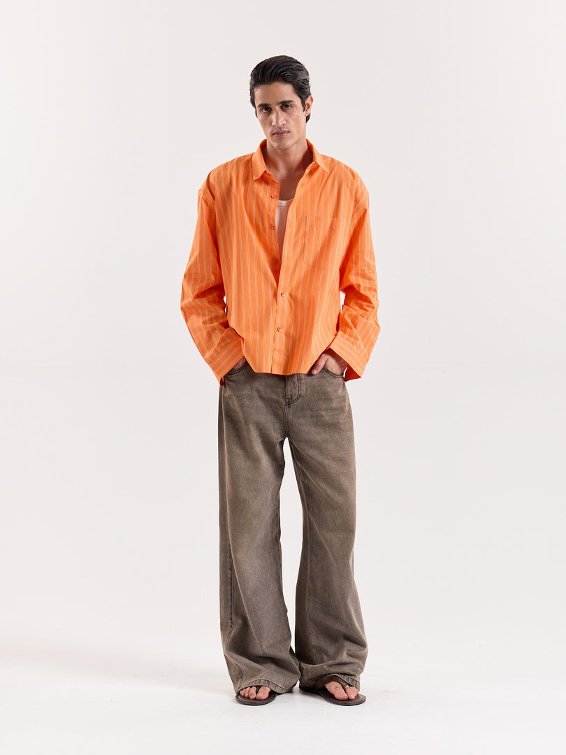 Orange Striped Poplin Cropped Shirt