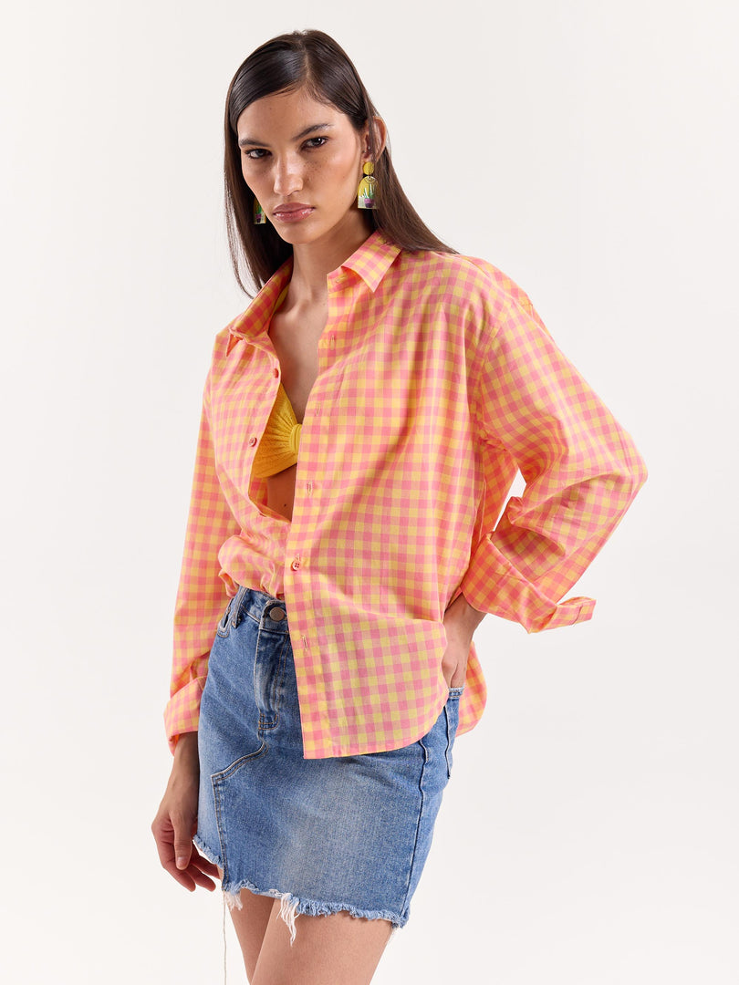 Orange & Pink Gingham Cropped Shirt