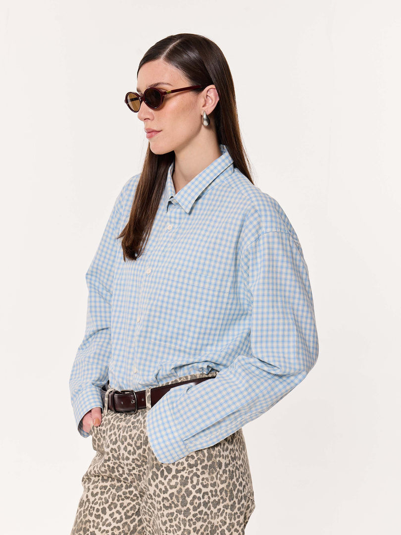 Pale Blue Poplin Checked Oversized Cropped Shirt