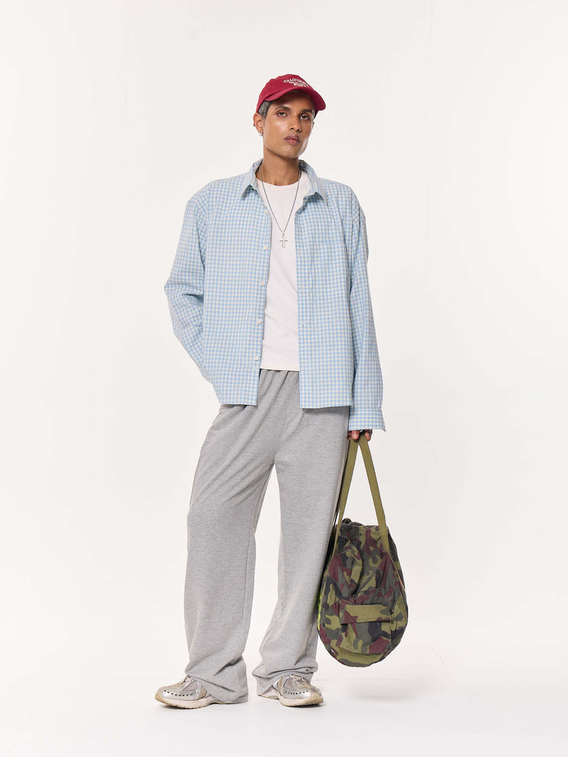 Pale Blue Poplin Checked Oversized Cropped Shirt