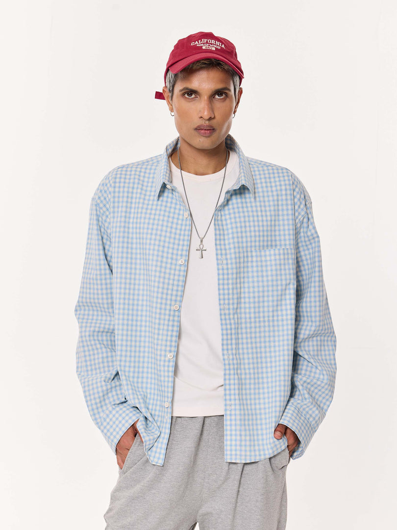 Pale Blue Poplin Checked Oversized Cropped Shirt