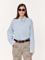 Load image into Gallery viewer, Pale Blue Poplin Checked Oversized Cropped Shirt