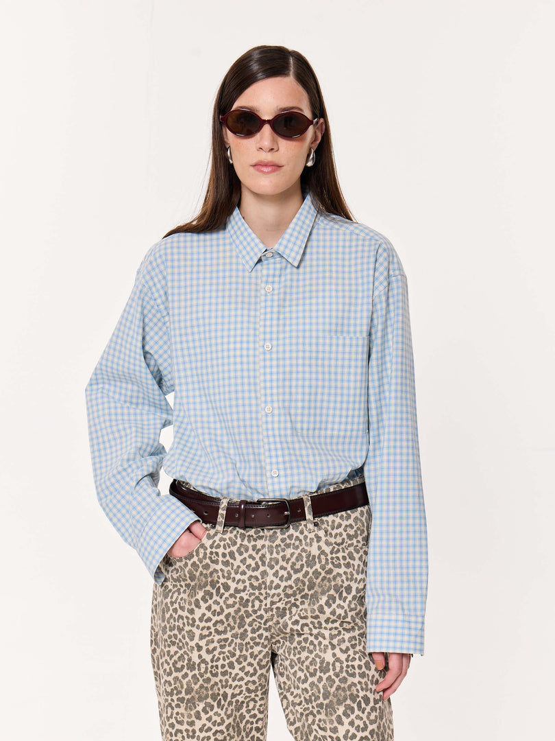 Pale Blue Poplin Checked Oversized Cropped Shirt