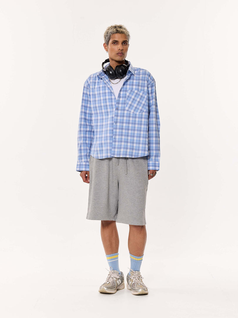 Pastel Blue Checkered Oversized Cropped Shirt