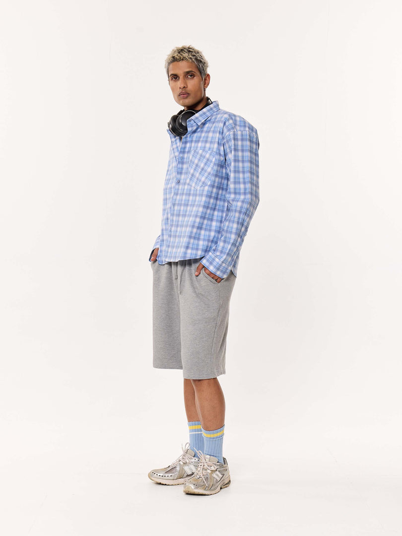 Pastel Blue Checkered Oversized Cropped Shirt