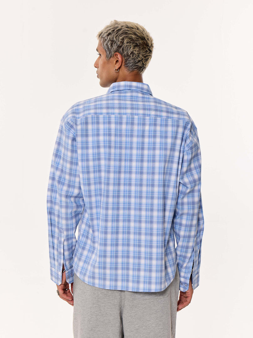 Pastel Blue Checkered Oversized Cropped Shirt