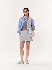 Pastel Blue Checkered Oversized Cropped Shirt