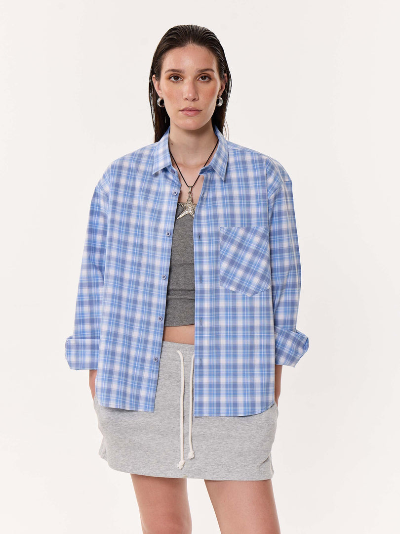 Pastel Blue Checkered Oversized Cropped Shirt