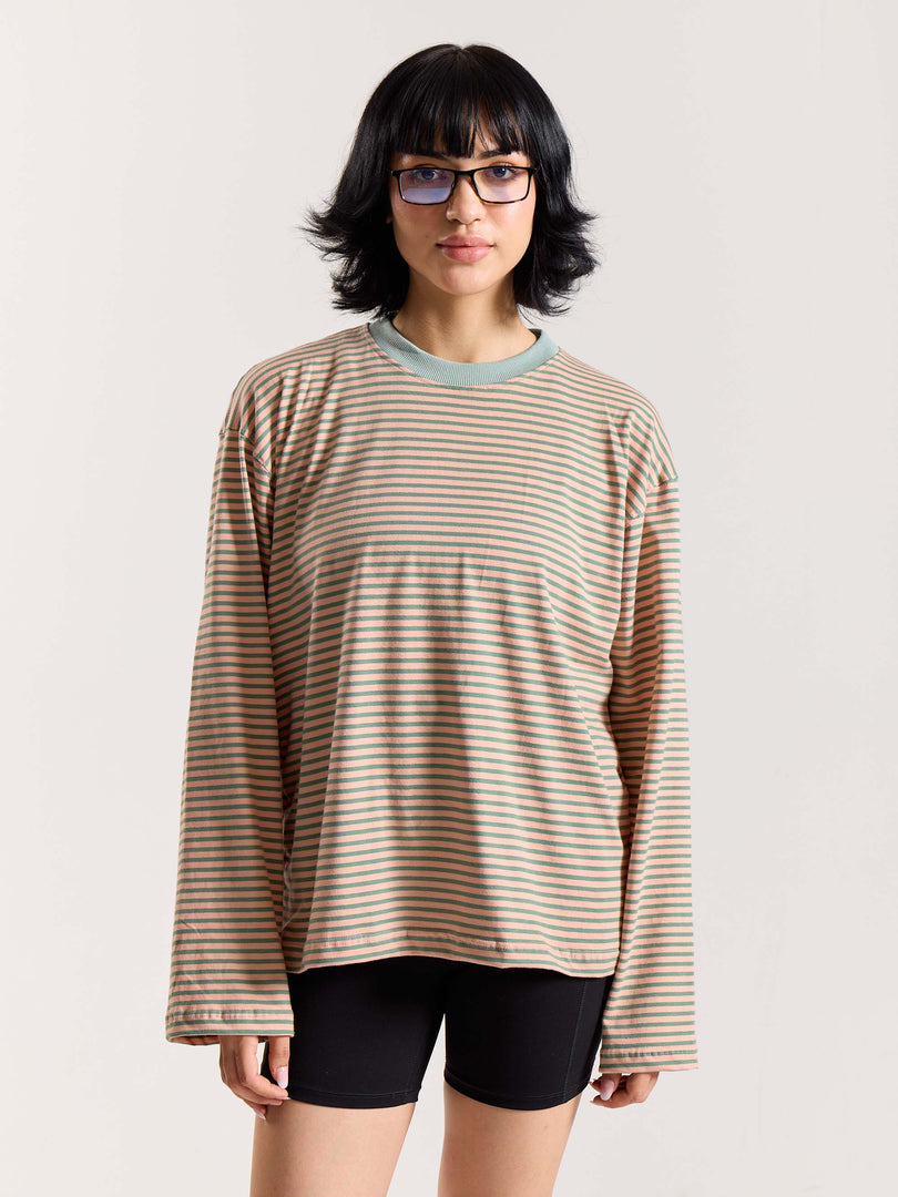 Peach & Sage Striped Loose Fit Cropped T-Shirt