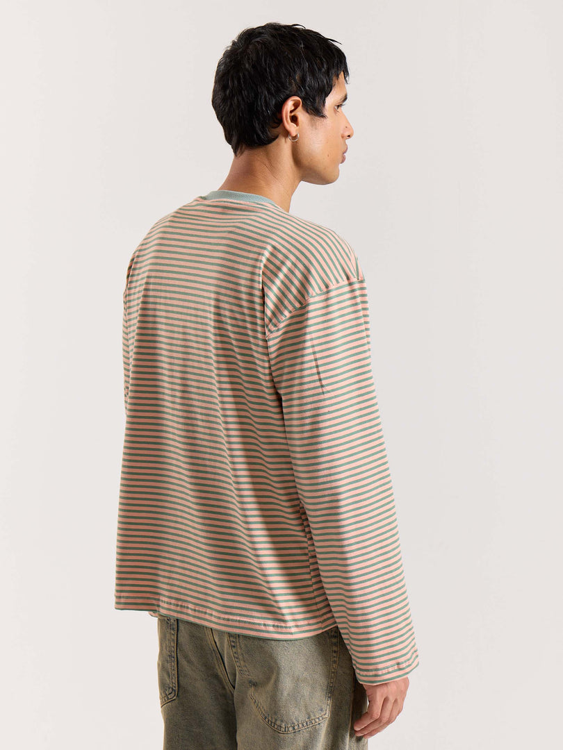 Peach & Sage Striped Loose Fit Cropped T-Shirt