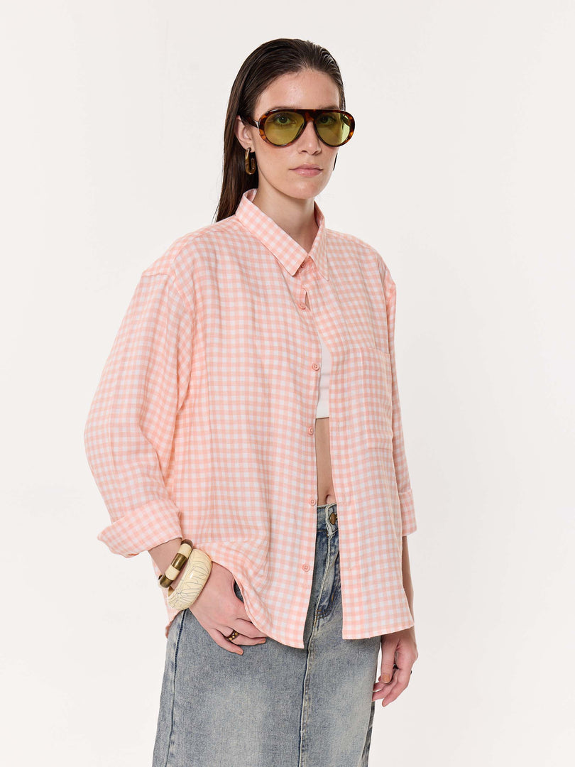 Peach & White Checkered Oversized Cropped Shirt