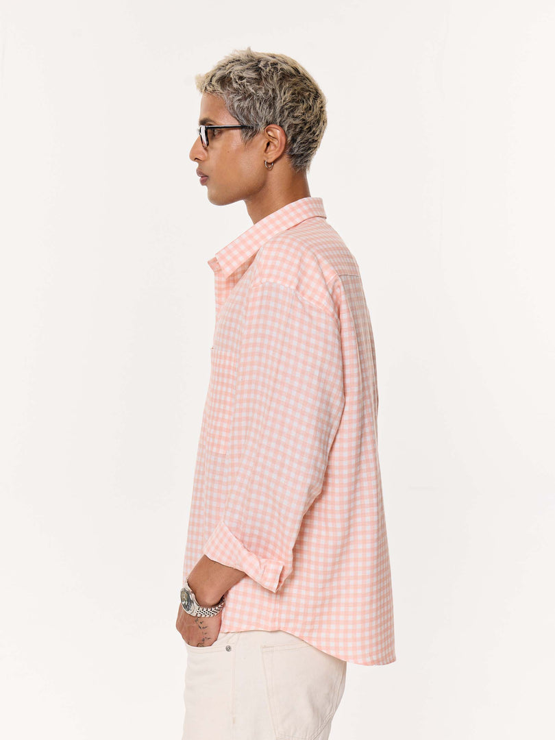 Peach & White Checkered Oversized Cropped Shirt