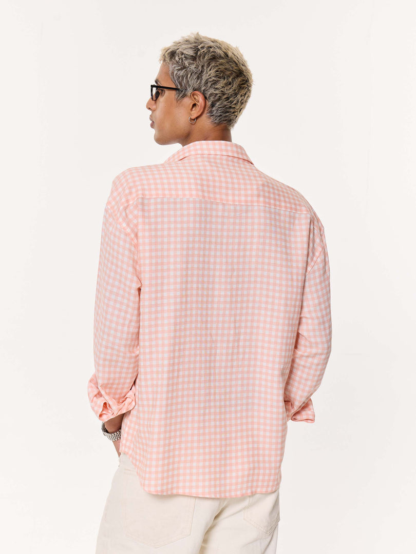 Peach & White Checkered Oversized Cropped Shirt