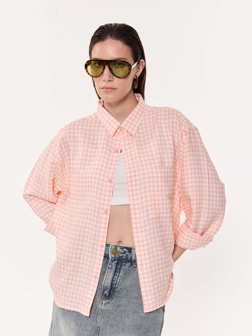 Peach & White Checkered Oversized Cropped Shirt