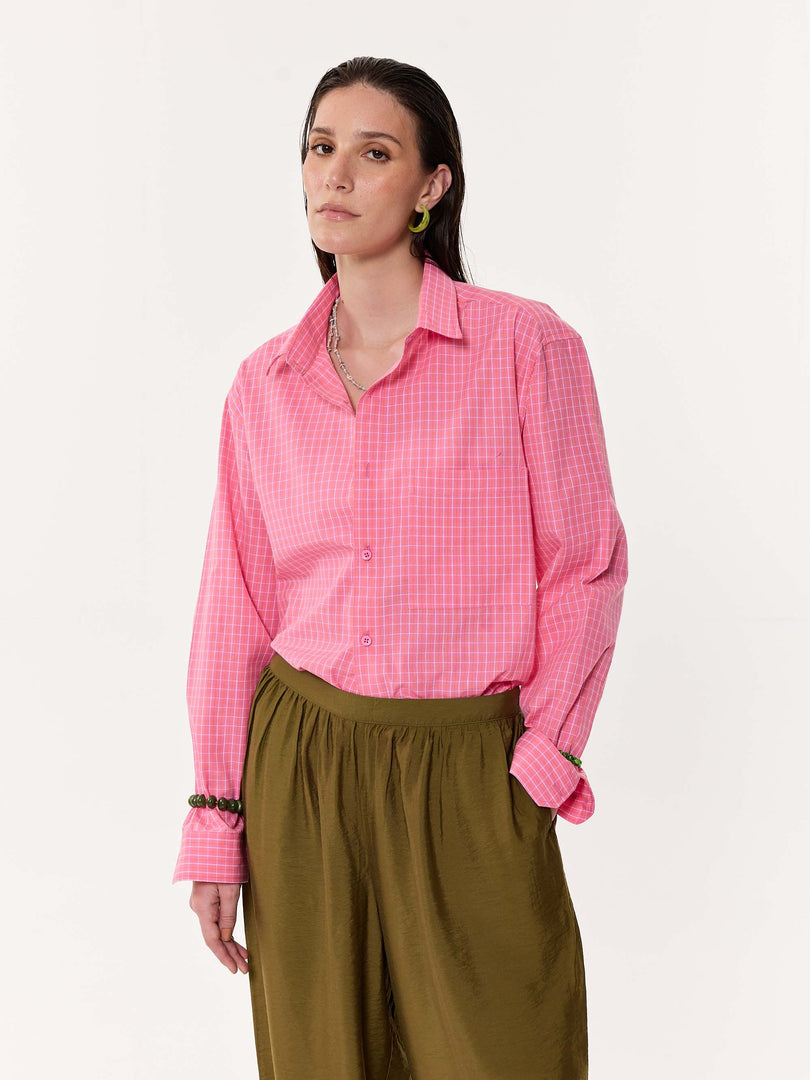 Pink Checkered Oversized Cropped Shirt