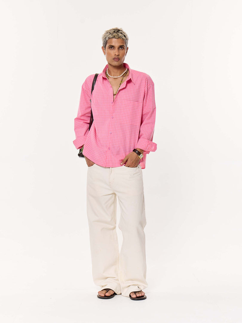 Pink Checkered Oversized Cropped Shirt